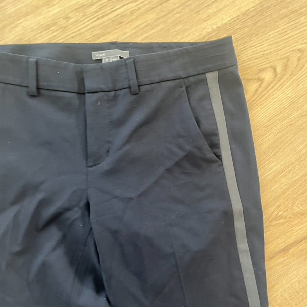 Vince Leather Trim Wool Pants Trousers Straight Leg Navy Green Women's Size 2 - Picture 6 of 11